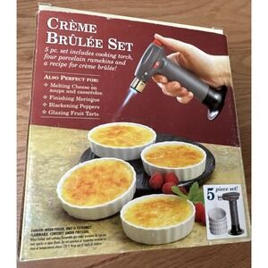 Creme Brulee Set Of 4‎ White Ramekins & Cooking Torch Cheese Meringue NEW NIB
